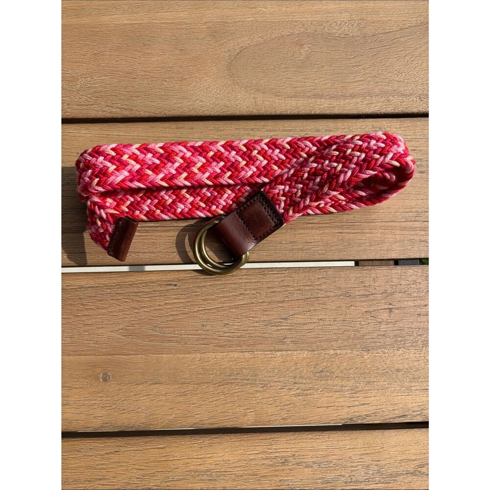 Eddie Bauer Woven colorful Braided Belt Brown Leather Trim brass Small NEW!